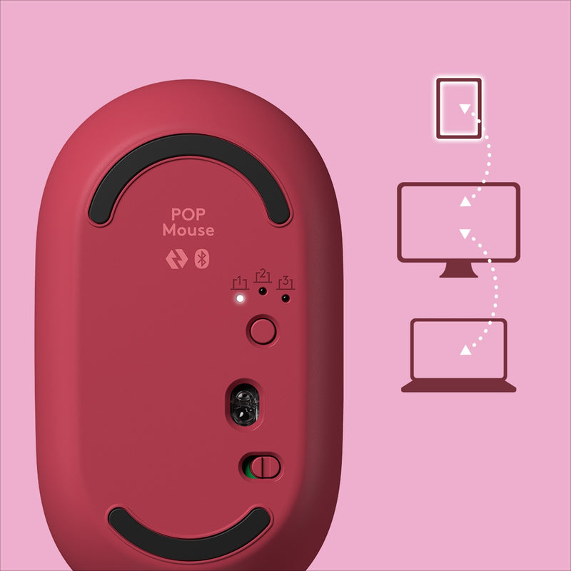 Illustration showing POP Mouse's multi-device connectivity features with device icons