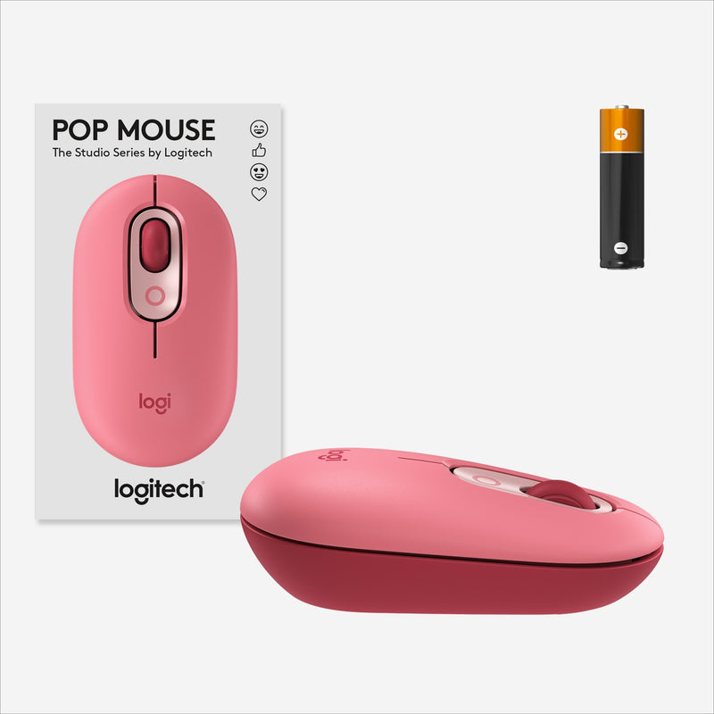 Product packaging of Logitech POP Mouse with included battery and accessories