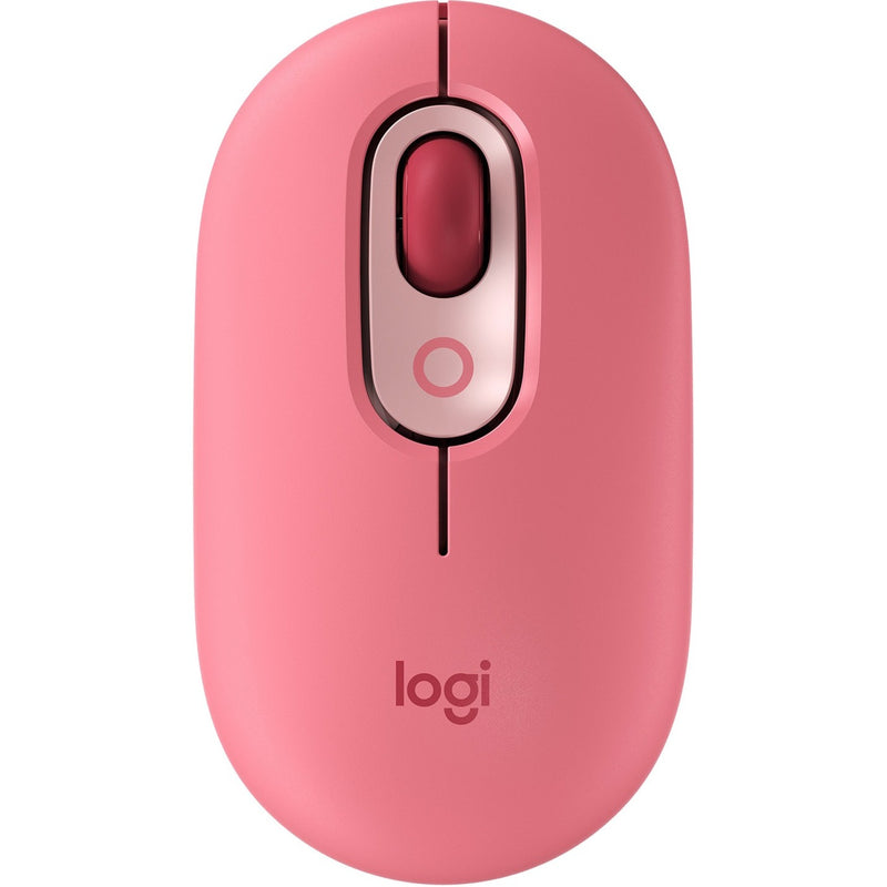 Front view of Logitech POP Mouse in Heartbreaker Rose pink color with metallic accents and scroll wheel