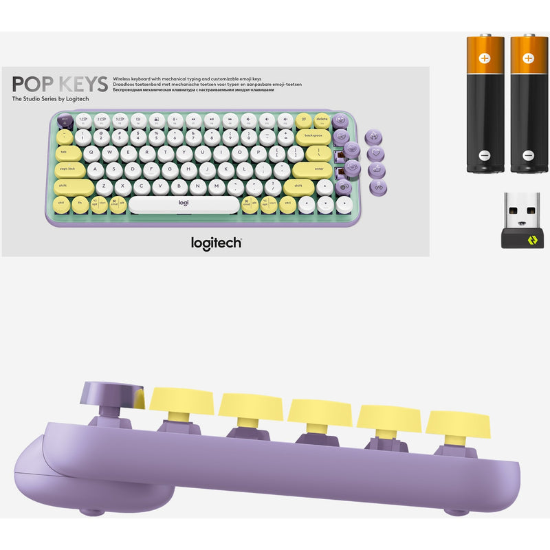 Product contents showing POP Keys keyboard, USB receiver and batteries