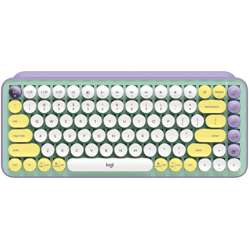 Top view of Logitech POP Keys wireless mechanical keyboard in mint green and purple with round white keycaps and yellow accent keys