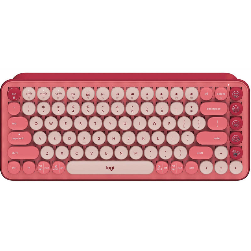 Top view of Logitech POP Keys wireless mechanical keyboard in rose pink color with round retro-style keycaps