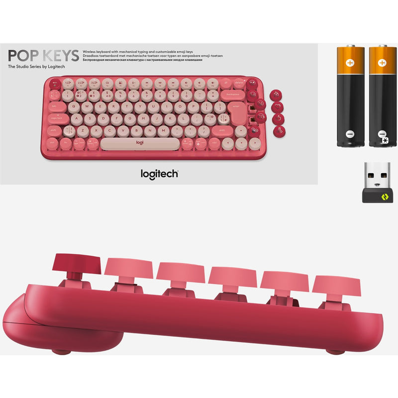 Product packaging contents showing POP Keys keyboard, batteries, and USB receiver