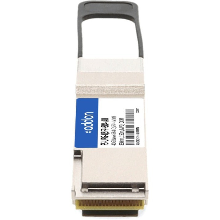 Side view of F5 Networks QSFP+ transceiver showing product label and metal casing construction-alternate-image2