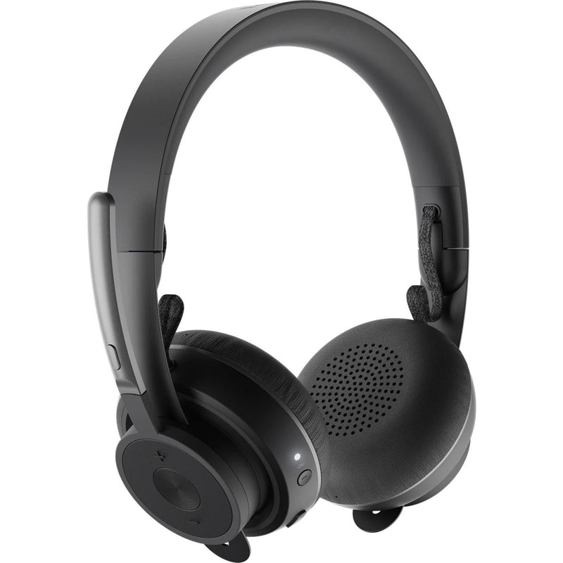 Three-quarter view of Logitech Zone Wireless Headset with microphone