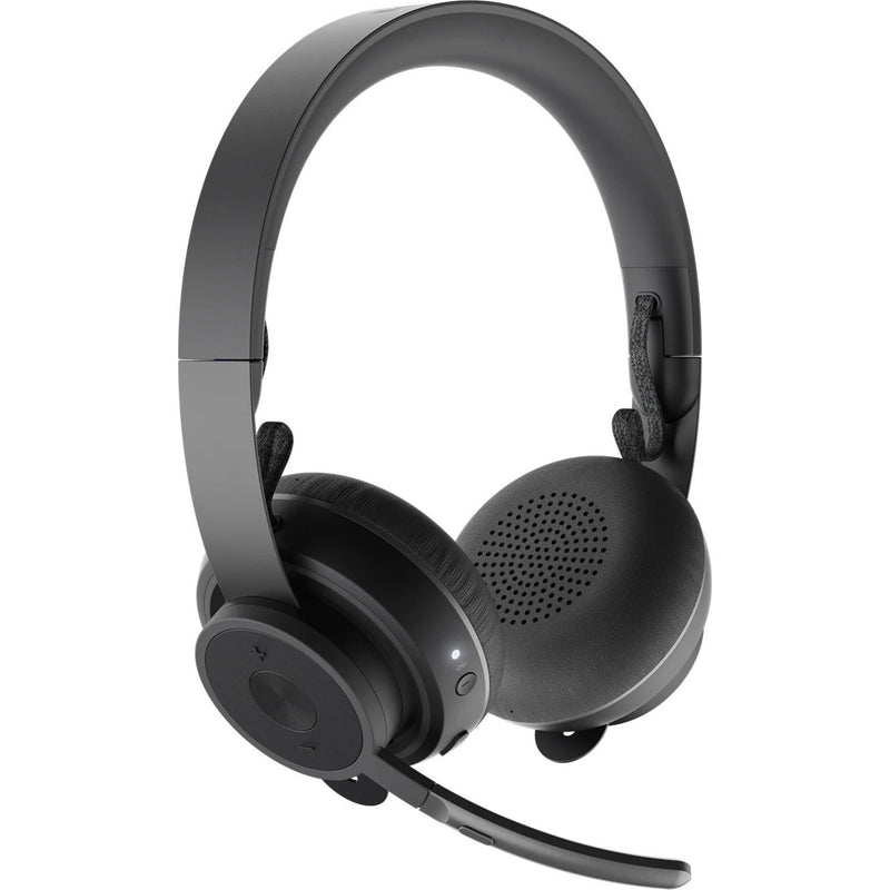 Front angle view of Logitech Zone Wireless Headset with boom microphone extended