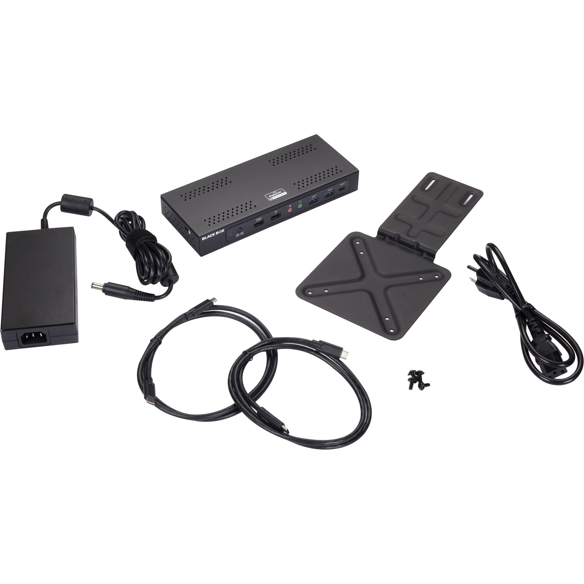 Complete package contents of Black Box USB-C docking station including power adapter, USB-C cables, VESA mount, and main unit-alternate-image1