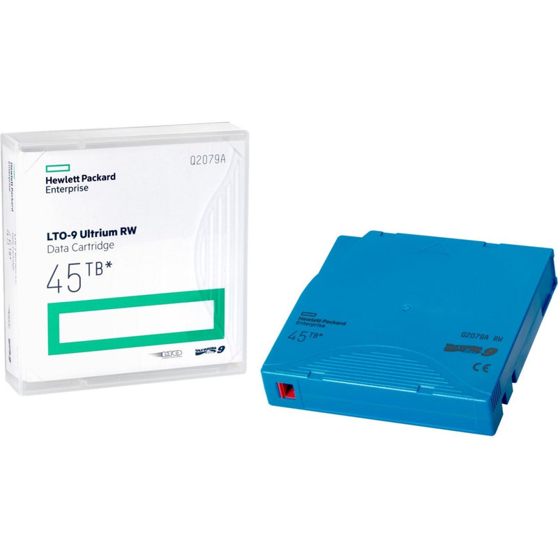 HPE LTO-9 Ultrium RW data cartridge showing white case packaging and blue tape cartridge with 45TB capacity label