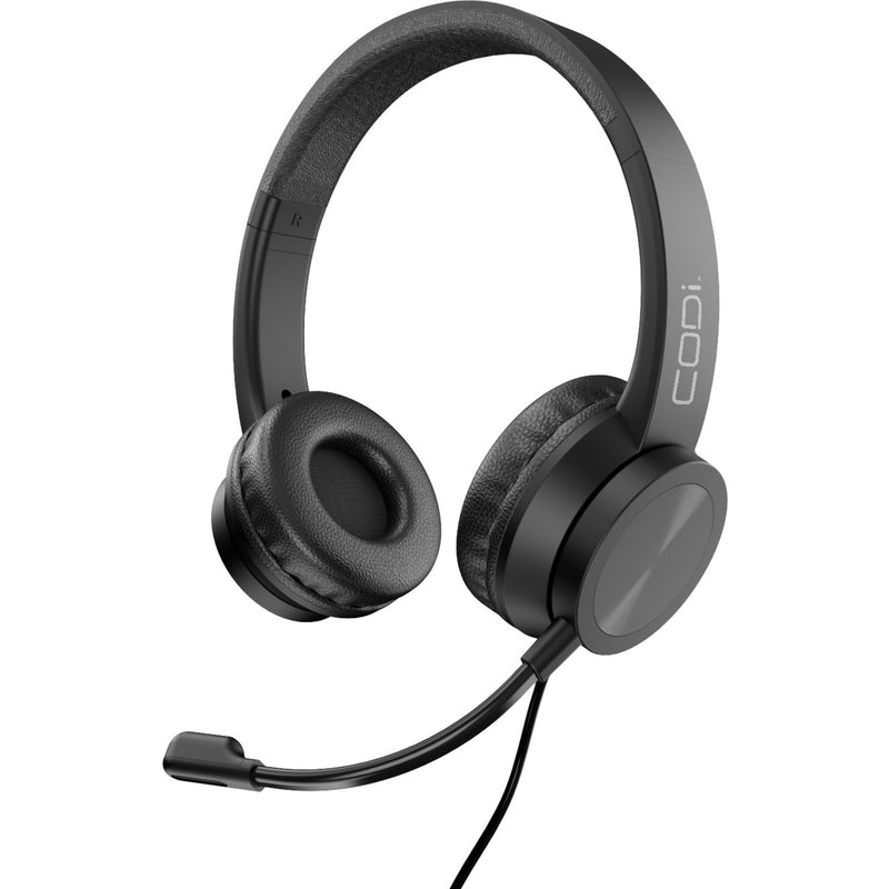 CODi A04508 USB headset with adjustable boom microphone shown from side angle featuring padded ear cups and headband