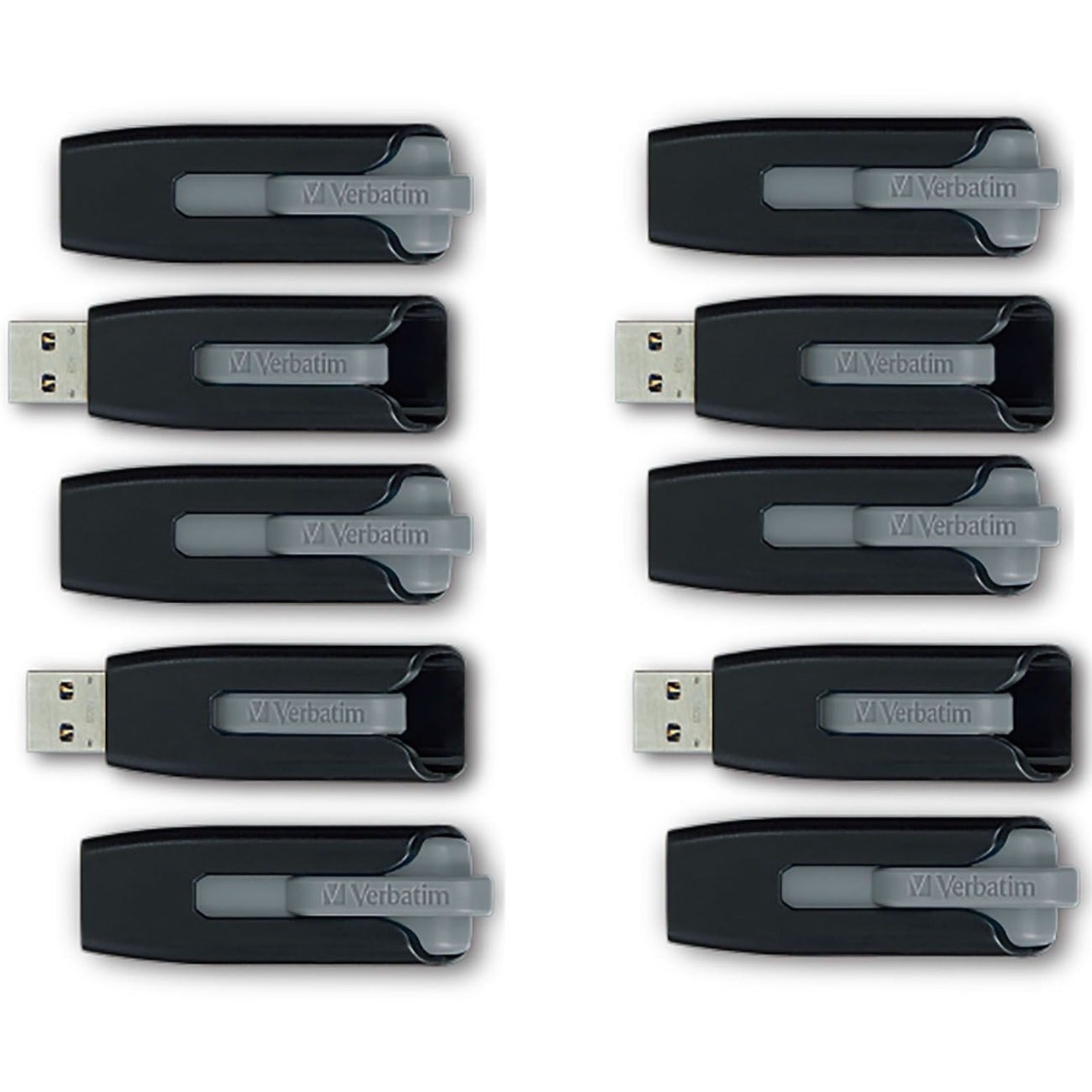 Ten Verbatim Store 'n' Go V3 USB flash drives arranged in rows showing retractable design and gray slider mechanism-alternate-image1