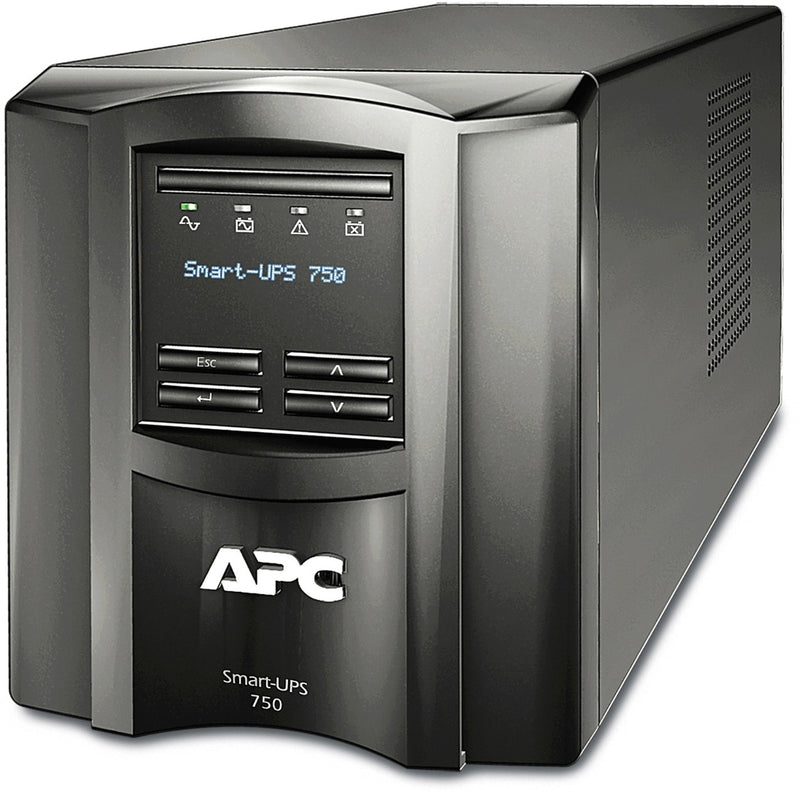 Front view of APC Smart-UPS 750VA showing LCD display interface and control buttons