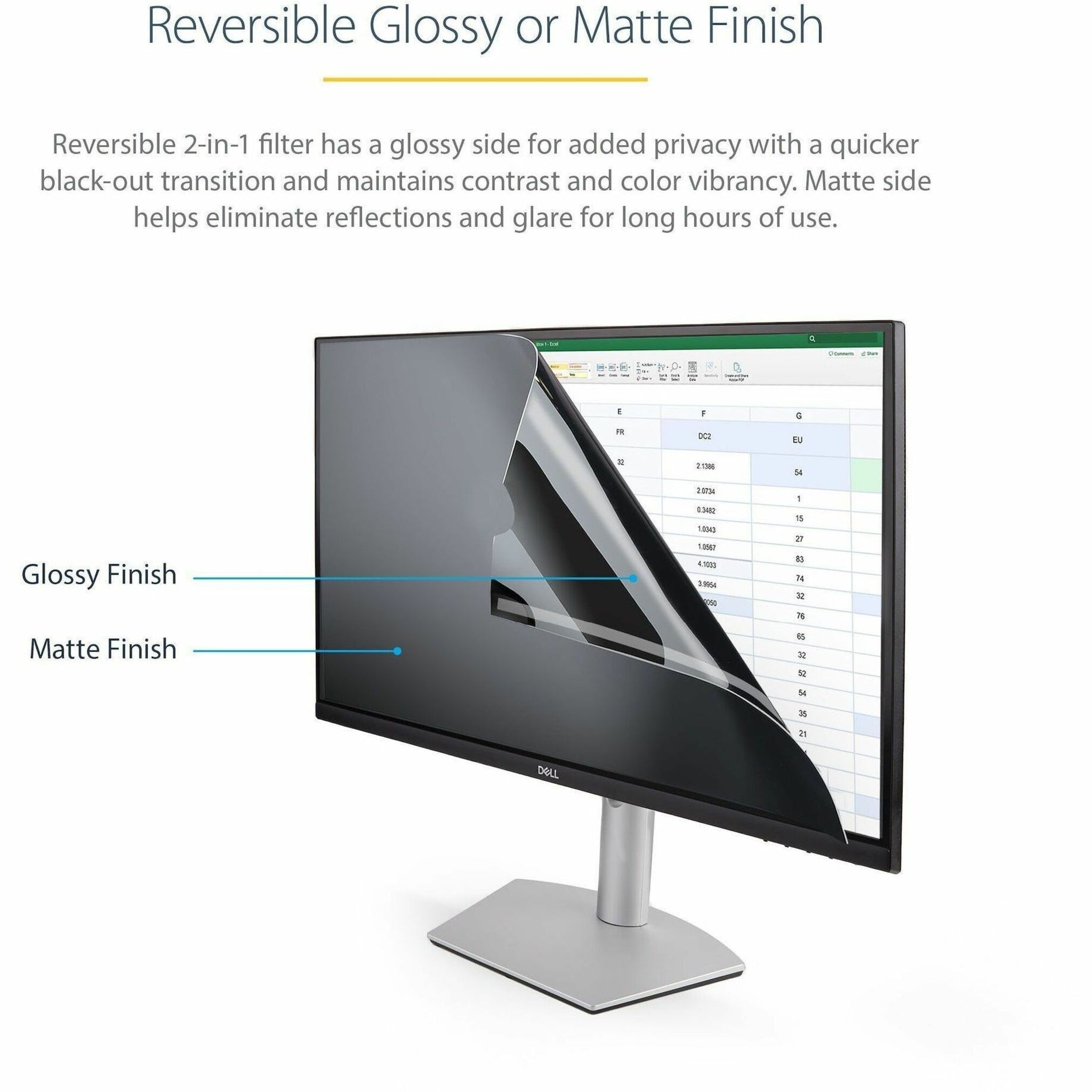 Demonstration of reversible privacy screen filter showing glossy and matte finish options on a Dell monitor-alternate-image1