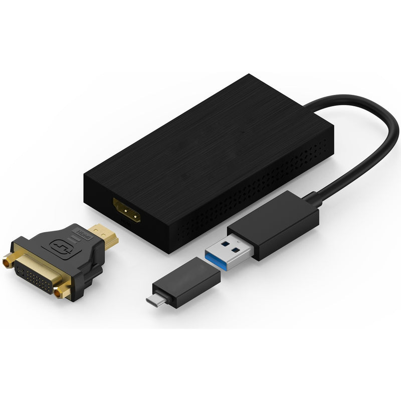 4XEM USB 3.0 to HDMI 4K Display Adapter shown with included HDMI-DVI adapter and USB-C converter against white background