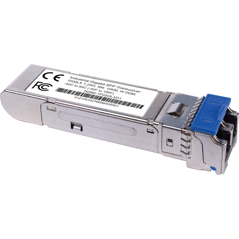 Angled view of Tripp Lite SFP module highlighting LC duplex connector and metal casing