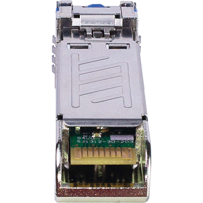 Close-up view of SFP module's internal circuit board and connection interface