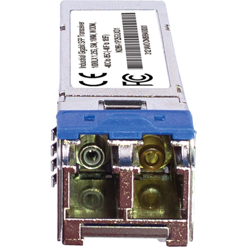 Detailed view of SFP module's certification markings and optical interface