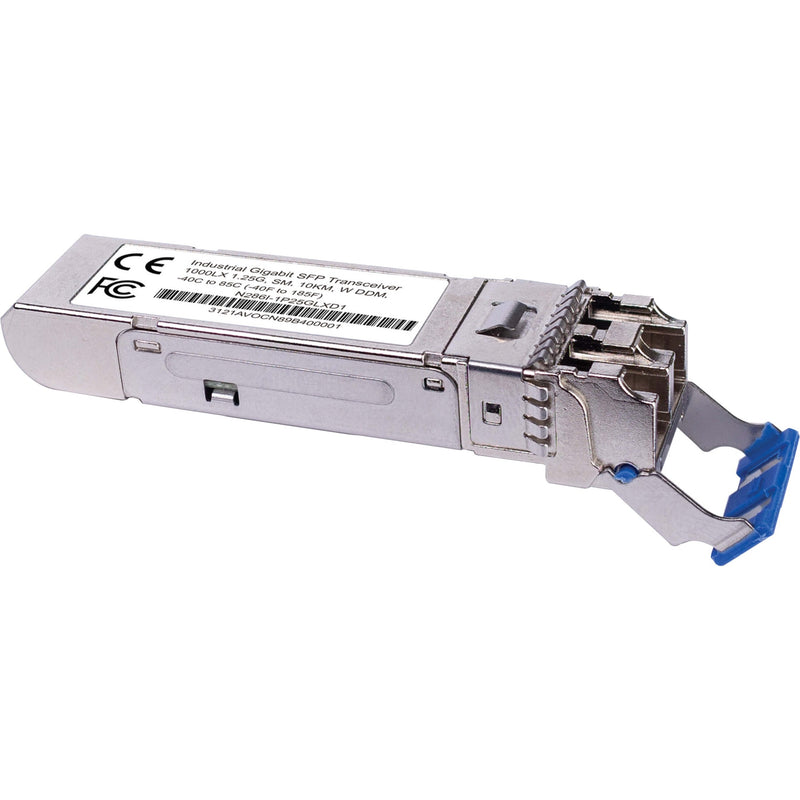 Side view of Tripp Lite N286I-1P25GLXD1 SFP module showing industrial certification markings and metal housing