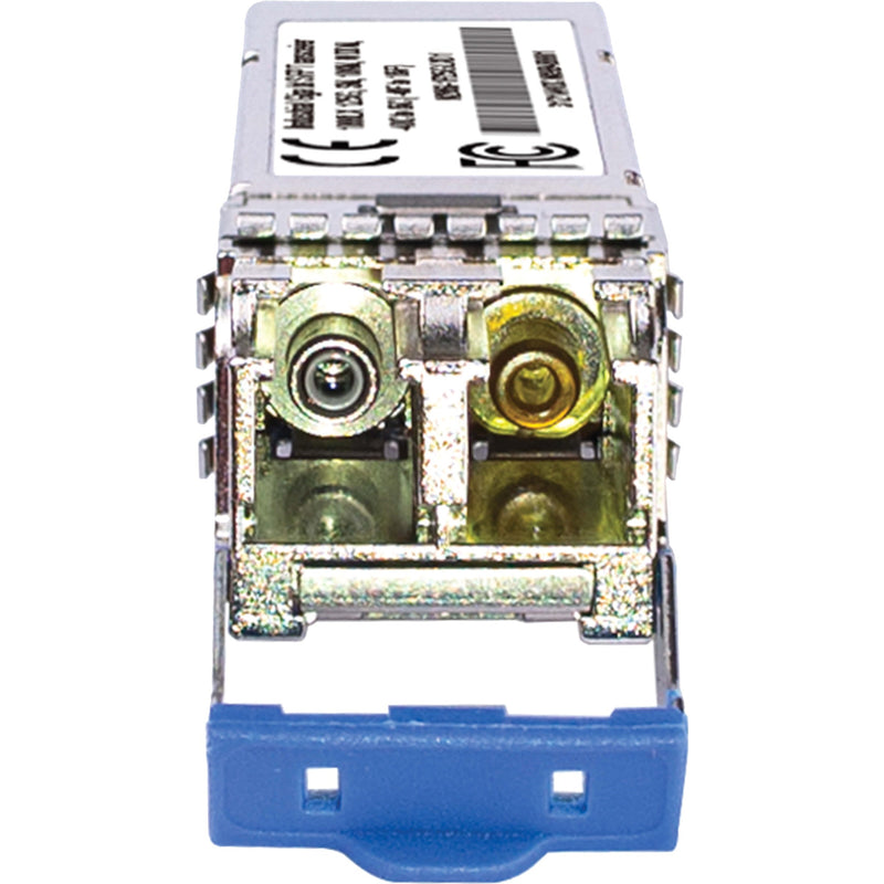 Front view of SFP module showing dual LC fiber optic ports