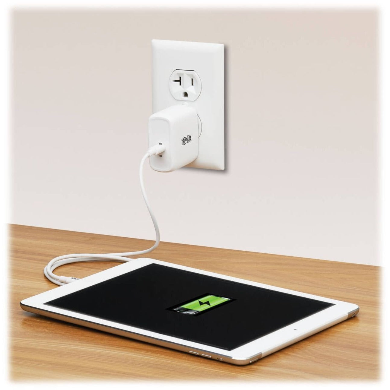 Tripp Lite USB-C charger connected to a tablet showing active charging-alternate-image5