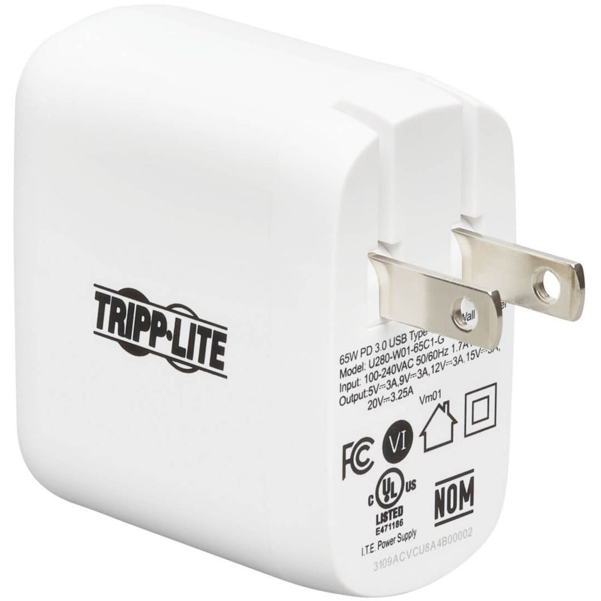 Side view of Tripp Lite USB-C charger showing safety certifications and specifications-alternate-image2