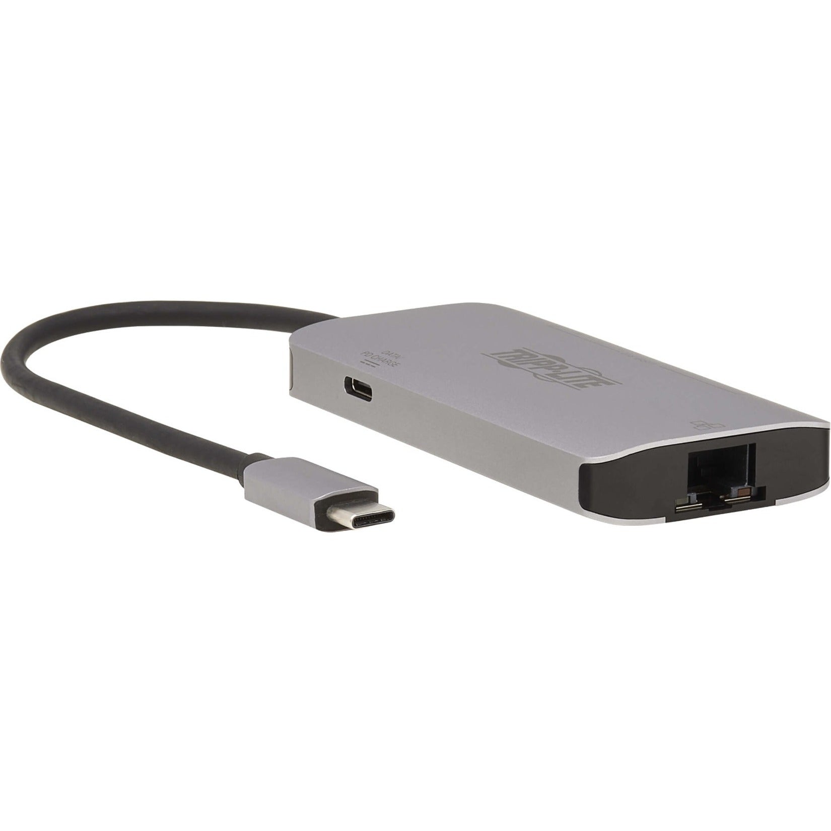 Side view of Tripp Lite USB-C hub showing USB-C connector and Ethernet port-alternate-image1