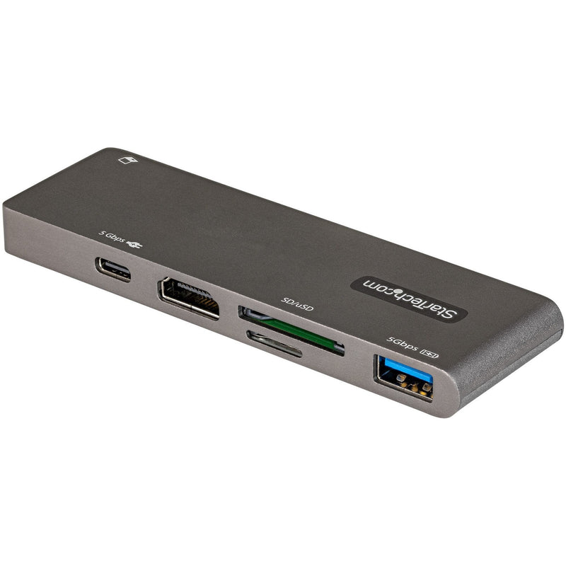 Side view of StarTech docking station displaying multiple ports including HDMI, USB, and card reader