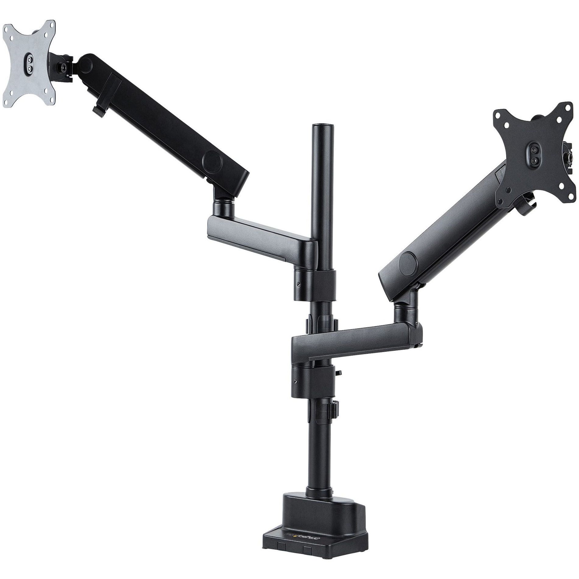 Front view of StarTech.com dual monitor mount with articulating arms in matte black finish-alternate-image1