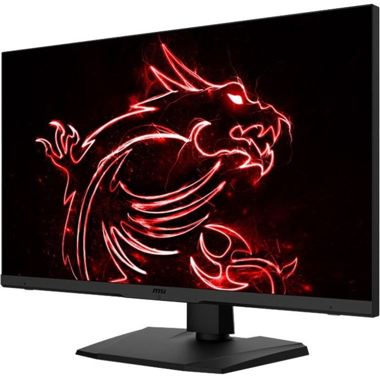 Angled view of MSI gaming monitor displaying red dragon logo illumination