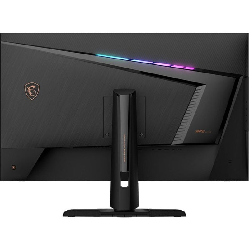 Rear view of MSI gaming monitor showing RGB lighting and gaming aesthetic