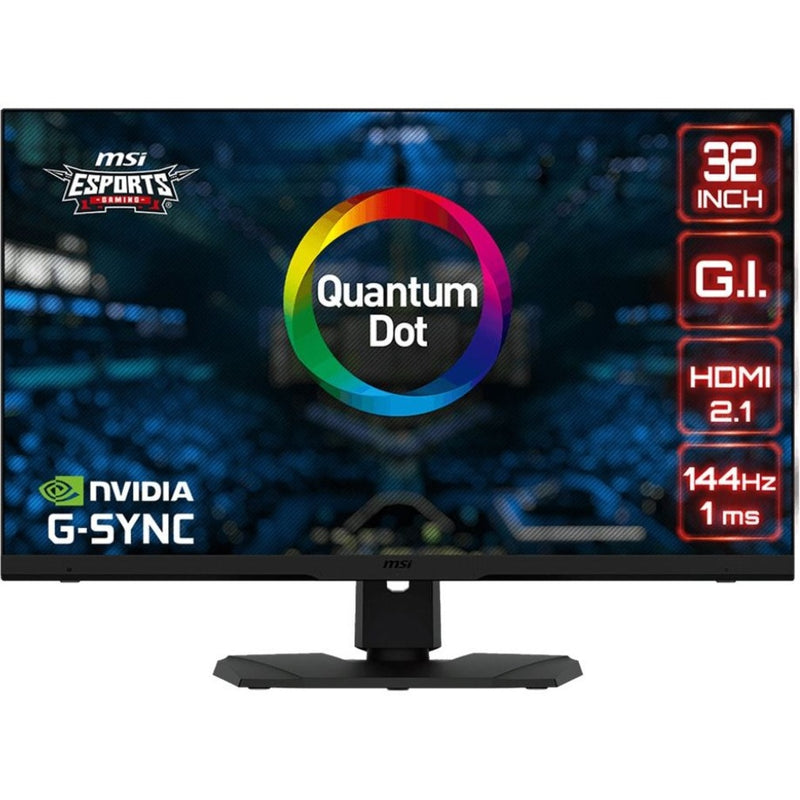 Front view of MSI Optix MPG321UR-QD gaming monitor displaying Quantum Dot technology and key features