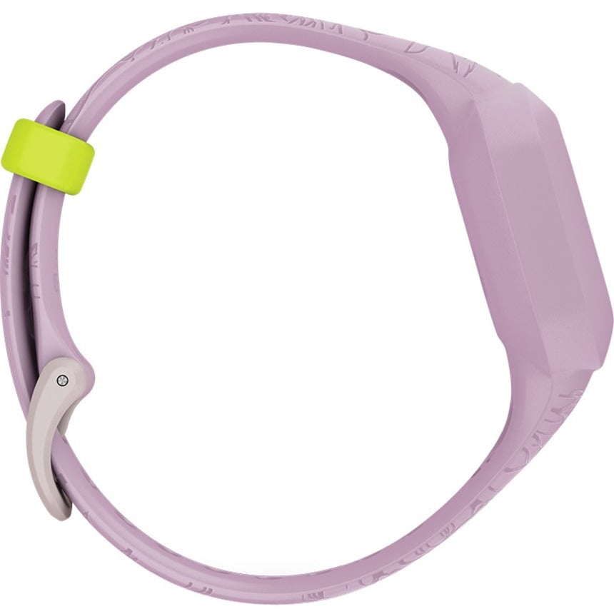 Side view of Garmin vívofit jr. 3 showing lilac band design with yellow keeper-alternate-image3