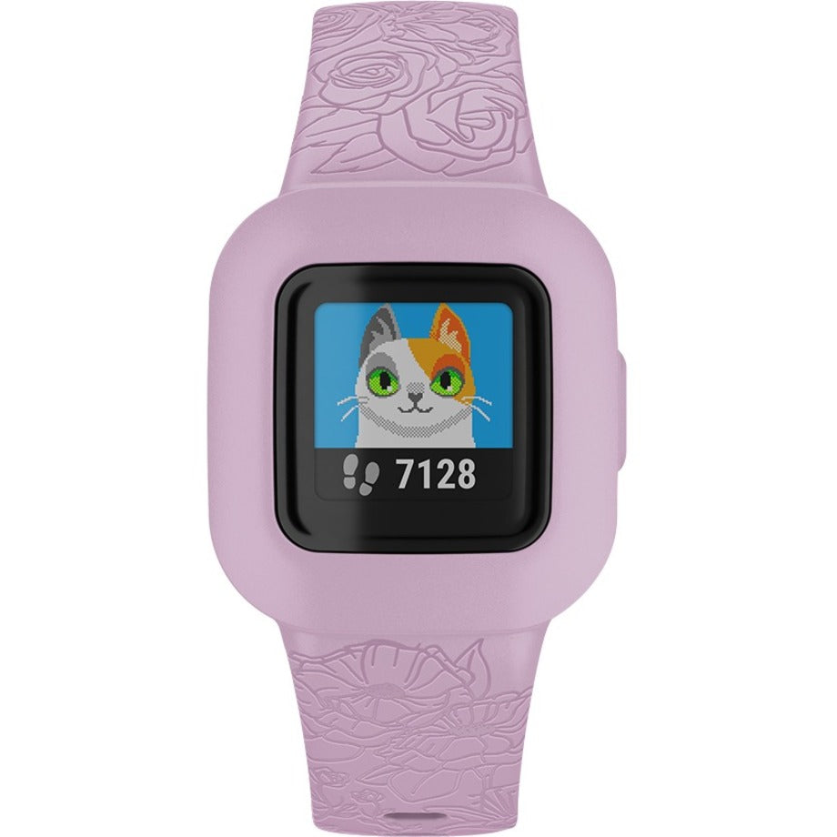 Garmin vívofit jr. 3 showing animated cat avatar and step count display on lilac watch face-alternate-image2