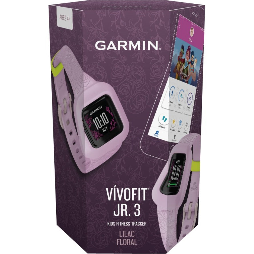 Retail packaging of Garmin vívofit jr. 3 showing product features and lilac floral design-alternate-image5