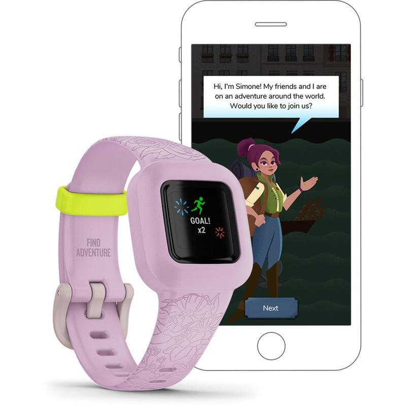 Garmin vívofit jr. 3 next to smartphone showing adventure app interface with animated character