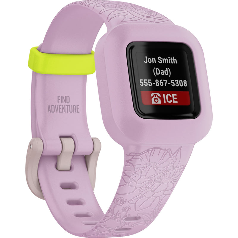 Garmin vívofit jr. 3 smartwatch displaying ICE emergency contact information on screen with lilac floral band