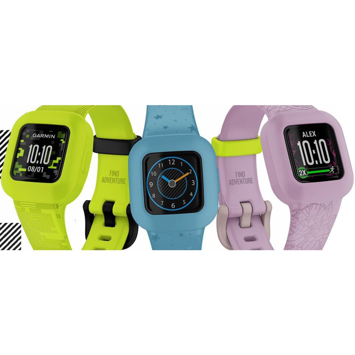 Collection of Garmin vívofit jr. 3 watches in different colors including neon green, blue, and lilac-alternate-image8