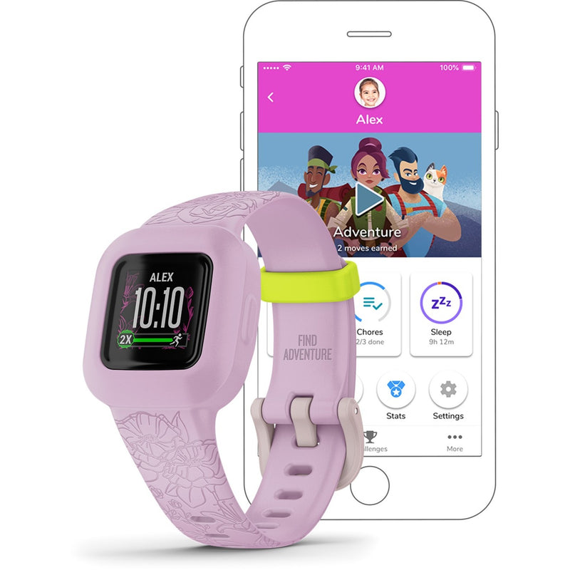 Garmin vívofit jr. 3 beside smartphone displaying parent dashboard with activity tracking and chore management