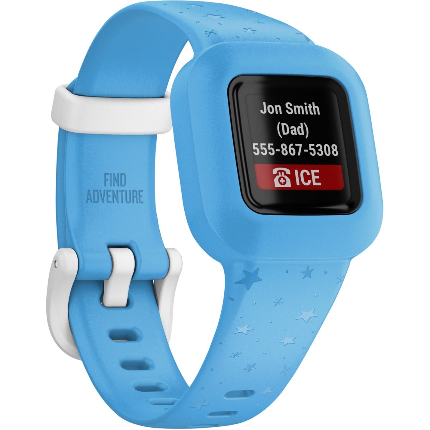 Blue Garmin vívofit jr. 3 smartwatch displaying ICE emergency contact information screen with parent contact details-alternate-image1