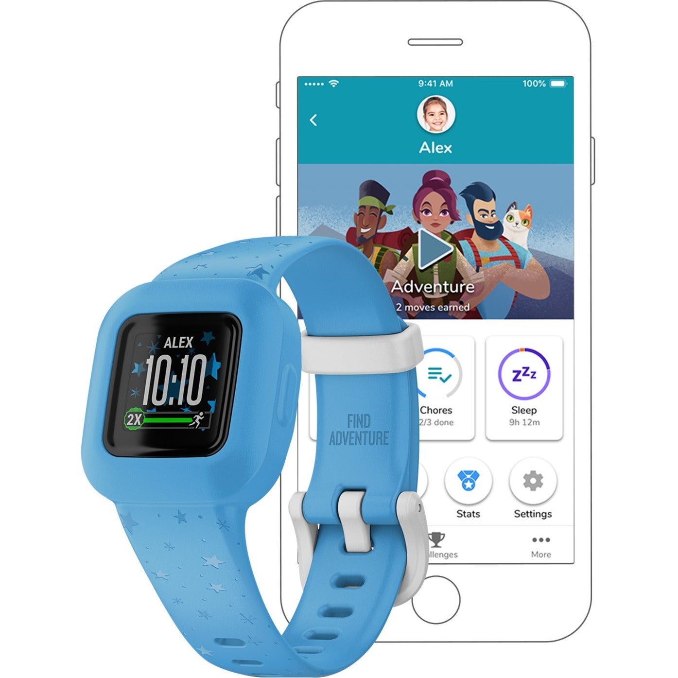 Garmin vívofit jr. 3 smartwatch next to smartphone showing adventure app interface with animated characters-alternate-image3