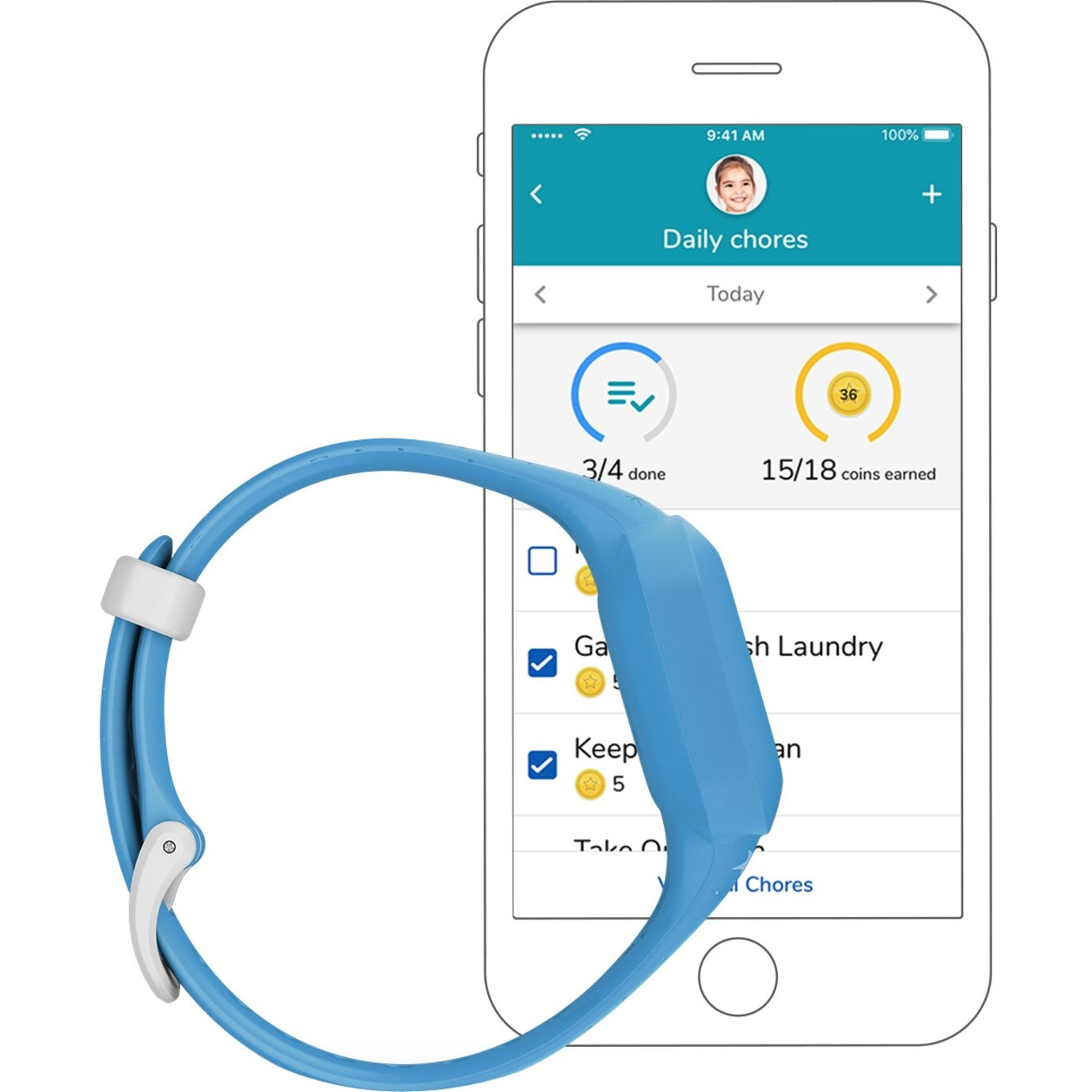 Garmin vívofit jr. 3 alongside smartphone displaying chore management interface with progress tracking-alternate-image6