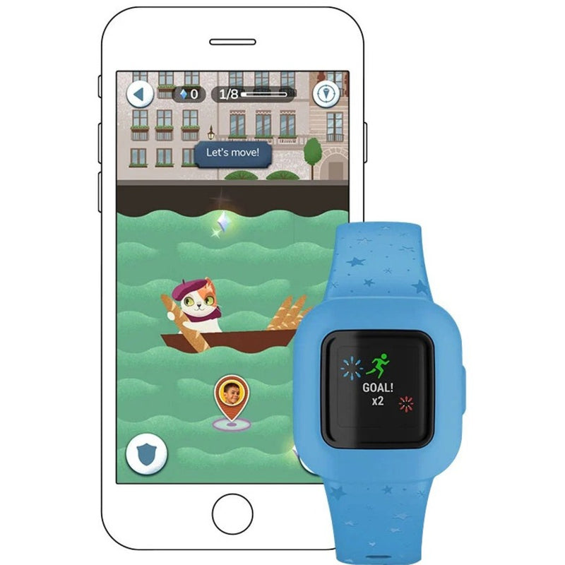Garmin vívofit jr. 3 showing game progress screen with animated character and achievement tracking