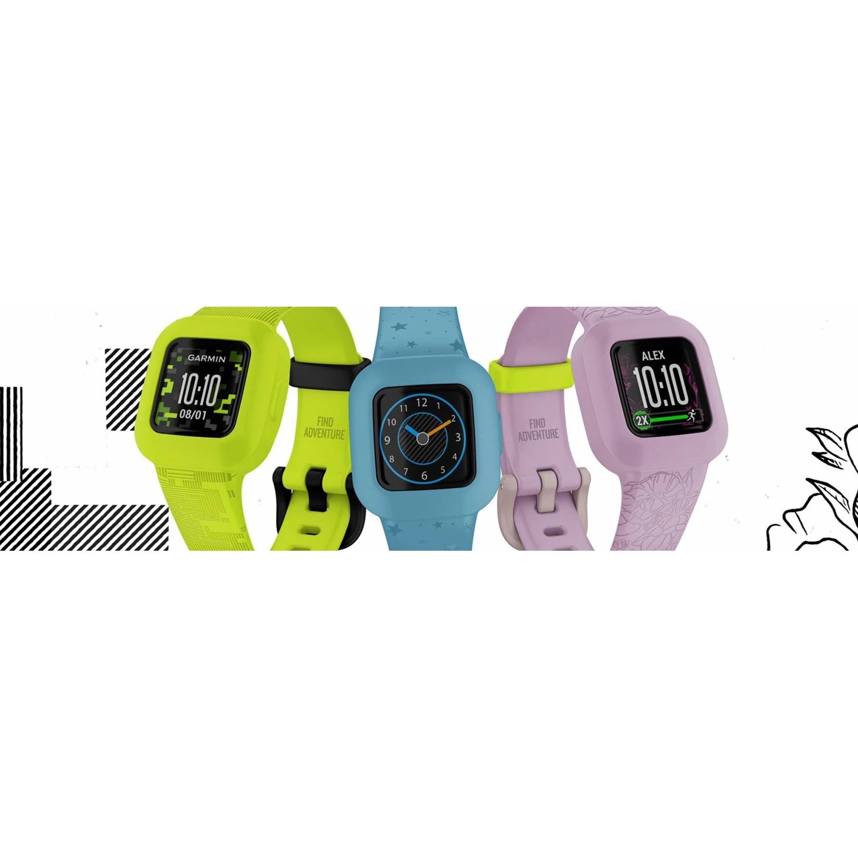 Collection of Garmin vívofit jr. 3 watches in various colors including lime green, blue, and lilac-alternate-image12