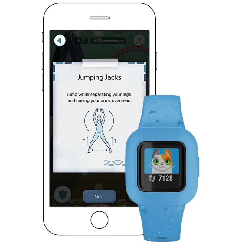 Garmin vívofit jr. 3 next to phone showing exercise instruction card with jumping jack demonstration