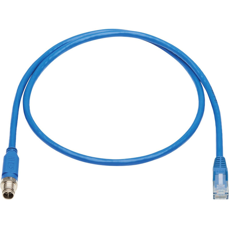 Full length view of blue Cat6 industrial ethernet cable with M12 and RJ45 connectors