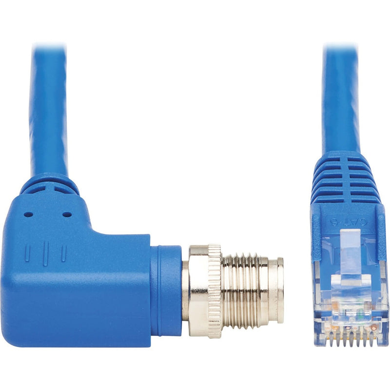 Close-up view of M12 X-Code connector and RJ45 connector ends of industrial Cat6 network cable