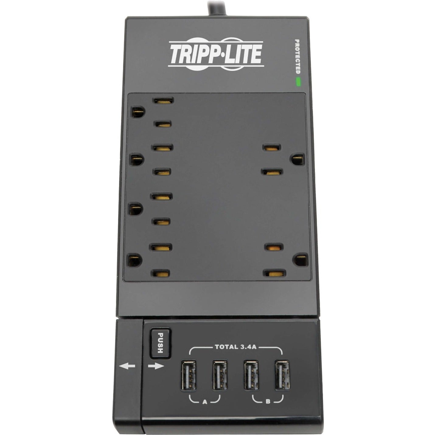 Top-down view of Tripp Lite TLP68UBAM showing outlet and USB port arrangement-alternate-image4