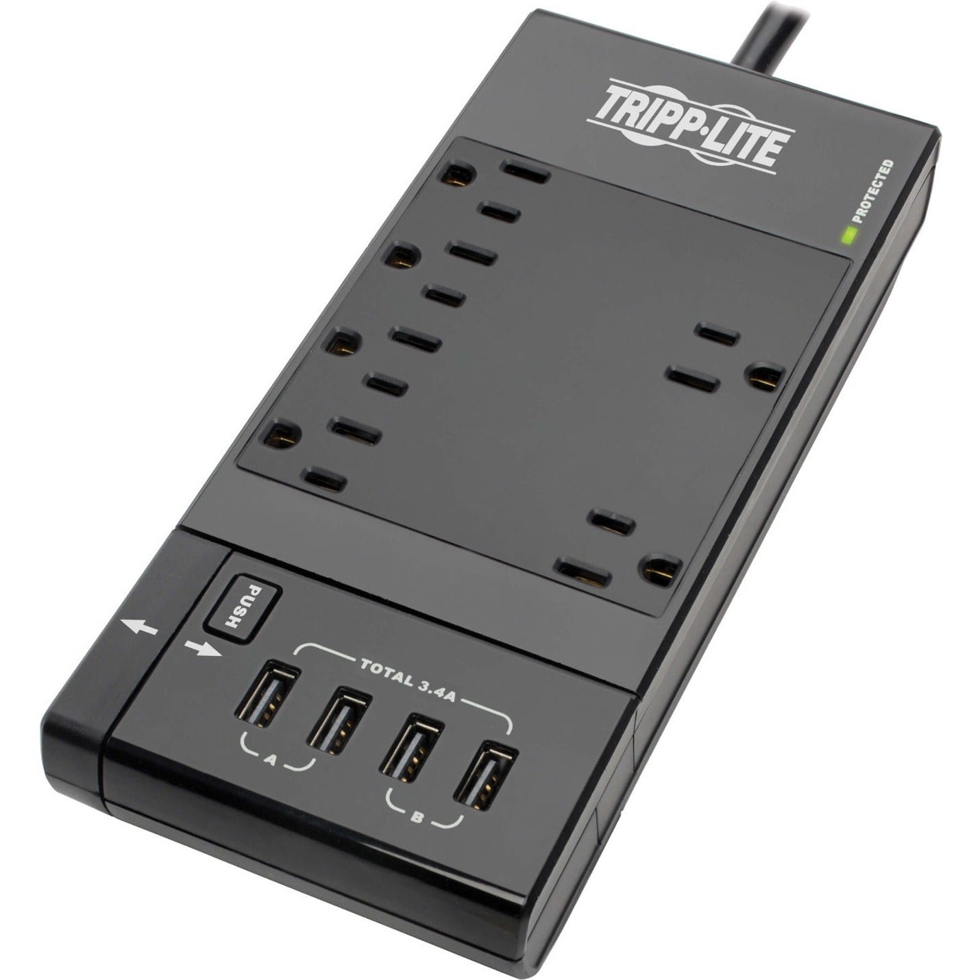 Top view of Tripp Lite TLP68UBAM surge protector showing AC outlets and USB ports-alternate-image1