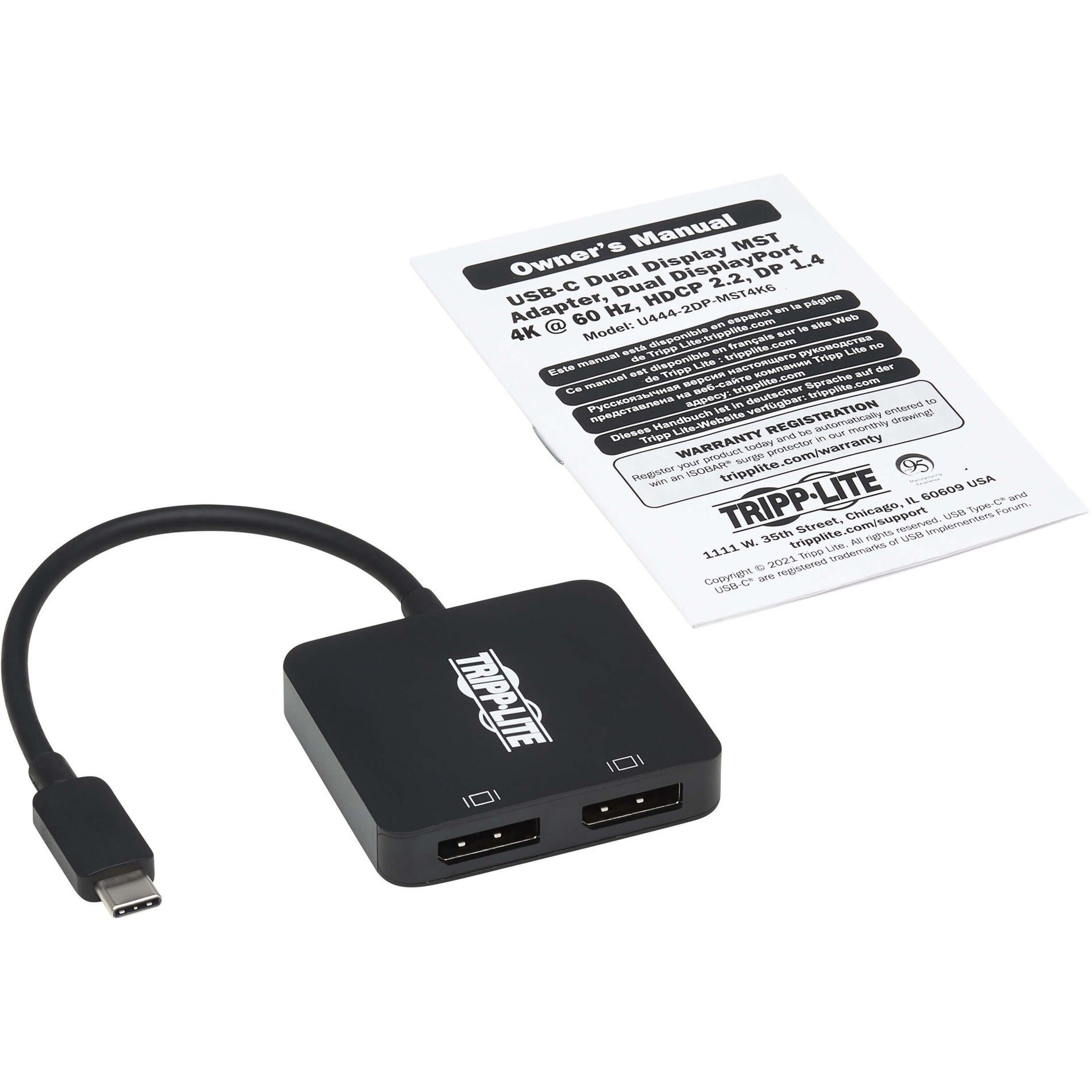 品牌名称：Tripp Lite Tripp Lite U444-2DP-MST4K6 USB-C 适配器，双显示，黑色，即插即用，支持7680 x 4320分辨率