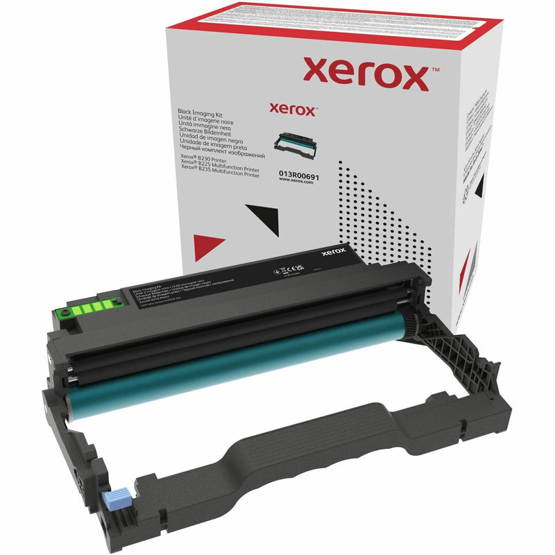 Xerox 013R00691 imaging drum unit with packaging, showing the drum component and its distinctive turquoise photosensitive roller