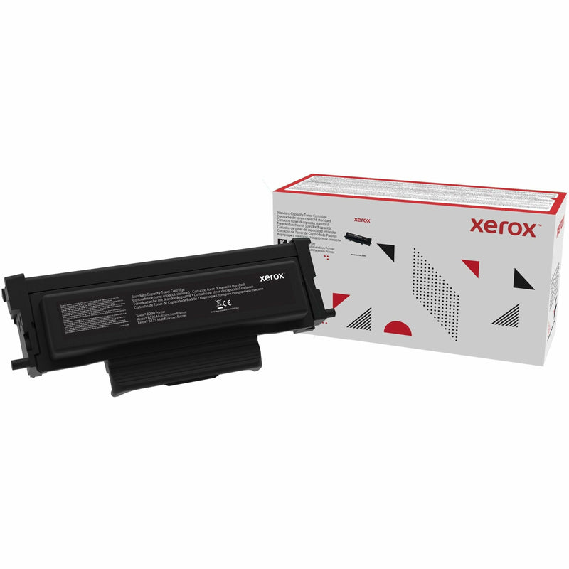 Xerox B230/B225/B235 black toner cartridge shown with retail packaging featuring geometric design elements in red and black